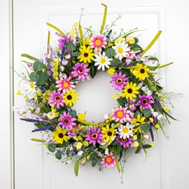 Yawwind Yawwind 22 Inches Spring Wreath for Front Door Spring Flower Wreaths Summer Door Wreath Colorful Wildflower Wreath with Daisy Lavender for Window Indoors Outdoor Decor