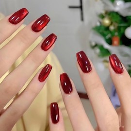 Press on Nail Short Ballet Shaped Artificial Acrylic Nails Wine Red False Nails Crystal Cat Eye Design Solid Color Fake Nails Full Cover Glossy Reusable Coffin Nails Glue on Nails for Women 24Pcs