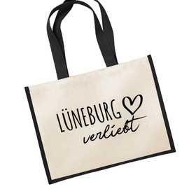 huuraa Lüneburg in Love Present Jute Bag Shopper Shopping Bag Black 21 Litres Jute and Cotton Lüneburg Gift Idea, black, Unit size
