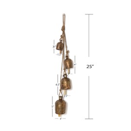 LIMBAD Handmade Iron Bell Hanging Chime Brass Finish Wall Rope 4 Bells Cluster Wall Hanging Décor Bells, 25 Inch Long Hanging Bell Set - for Wreaths, Outdoor, Indoor, Christmas (Remembrance)