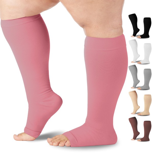 Mojo Compression Socks 3XL Open Toe Pink Knee-High Plus Size Support Stockings, 20-30mmHg Wide Calf - A211PI6 - Ideal for Venous Insufficiency, Spider Veins, & CVI - 1 Pair