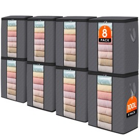 SpaceWhisper 8 Pack 100L Clothes Storage, Foldable Thick Fabric Blanket Storage Bags, Containers for Organizing Bedroom, Closet, Clothing, Comforter,Closet Organization with Handle,Grey