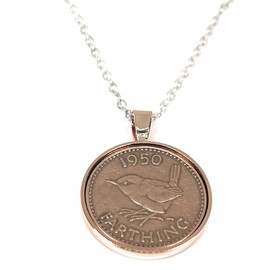 1950 Premium Rose Gold Plated Farthing Pendant for 75th Birthday Gift with 18 inch sterling silver chain - Gift for Her RG