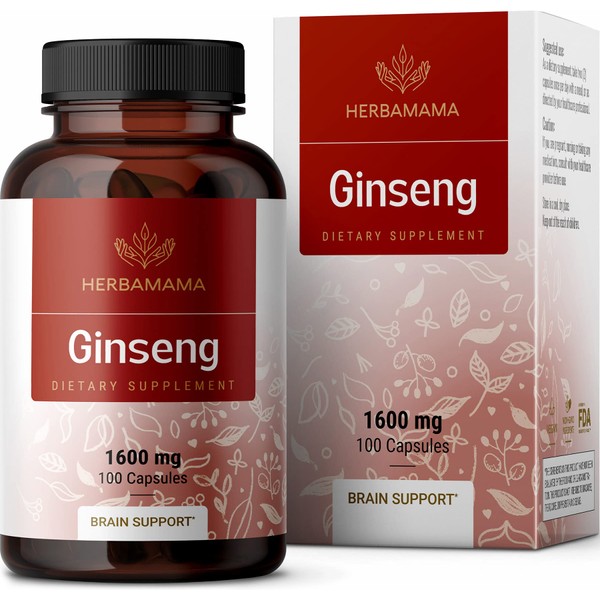 HERBAMAMA Ginseng Capsules - Brain Booster & Energy Supplements for Focus, Stamina & Immune Support - Korean Red Panax Ginseng Extract to Help Reduce Stress - Non-GMO, Gluten Free - 1600mg, 100 Caps