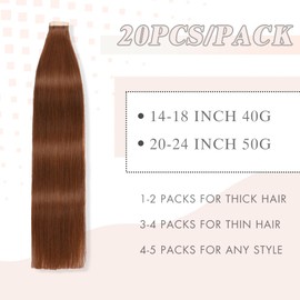 Tape in Hair Extensions Human Hair 20pcs 18Inch Dark Auburn Straight 100% Remy Human Hair for Women Seamless Remy Tape in Hair Extensions(33#, 18 Inch)