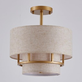 ElegLumi Beige Drum Chandeliers, Drum Semi Flush Mount Ceiling Light for Living Room, Bedroom, Hallway, D13'' × H14,2'', 3*E12 Sockets, Gold Finish Frame & Beige Double Lampshade