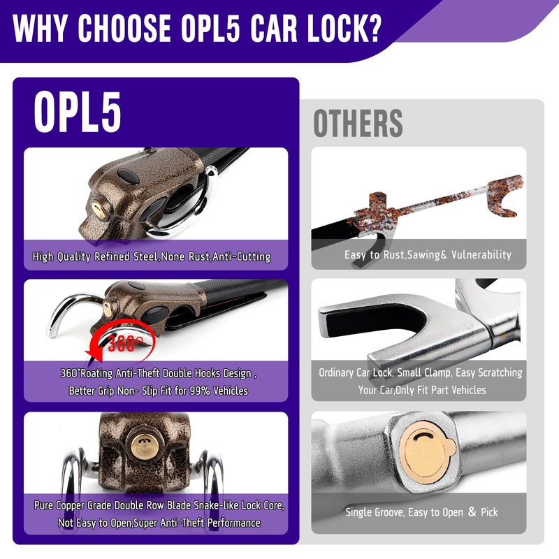 OPL5 Car Steering Lock, Heavy Duty Universal Anti-Theft Locking Devices,