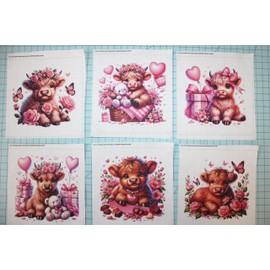 6 Piece 5"x5" Pink Valentine Baby Highland Cows 100% Cotton Fabric Panel Squares | Quilting Panel Blocks MP106