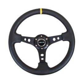 NRG Reinforced Steering Wheel (350mm / 3in. Deep) Blk Leather w/Blk Cutout Spok