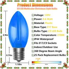 C9 LED Replacement Christmas Light Bulbs, 25 Pack C9 Replacement Bulbs Shatterproof Plastic Christmas Bulbs, Colored Outdoor Light Bulbs for Christmas String Lights, E17/C9 Intermediate Base, 0.6 Watt