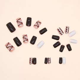 Dark Brown Press on Nails Medium Fake Nails Glossy with milky white and Brown plaid Design Acrylic Artificial Nails with Glue on Nails Full Cover Stick on Nails Reusable False Nails for Women 24Pcs