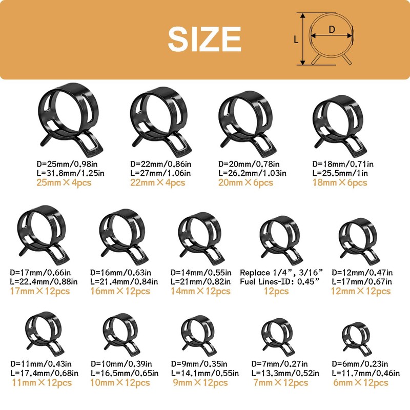 zDwfDc 140PCS 6-25mm 14 Sizes Spring Band Hose Clamps with