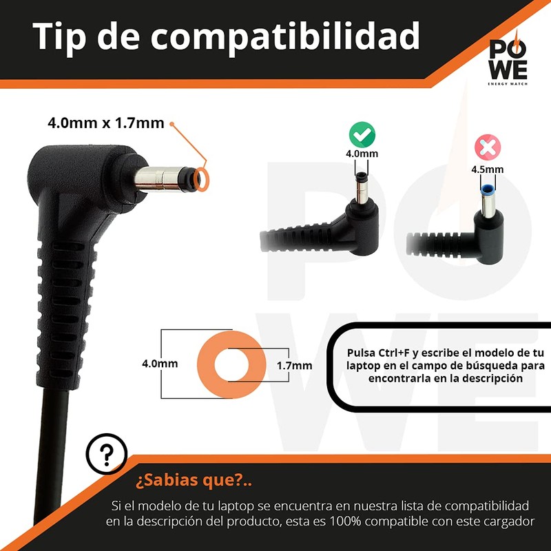 Cargador Compatible para Lenovo Ideapad 320-15ikb 20v/2.25a 45w Punta 4.0x1.7