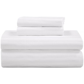 ROYALE LINENS 300 Thread Count 100% Long Staple Combed Cotton Printed Sheet Set - 4 Piece Queen Bed Sheets - 1 Fitted, 1 Flat & 2 Pillow Cases - Soft Cool & Crisp Sheet Set (Queen, Stripe White)