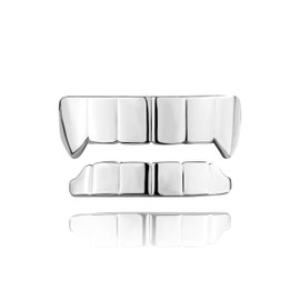 Grillz Vampire Teeth Grills for Your Teeth Gold Diamond Grillz for Men and Women 14k Gold Plated Iced Out Flat Tooth Cap for Hip Hop Men Rapper Costume (Sliver Smooth Surface)