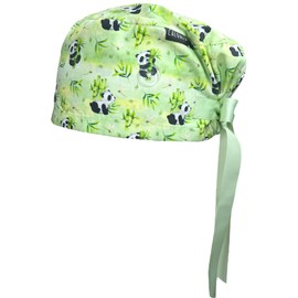 CALOMED Scrub Cap for Women, Euro Style Scrub Caps, Working Hat, Head Cover with Ribbons and Buttons, Long or Short Hair (Watercolor Pandas and Bamboos)