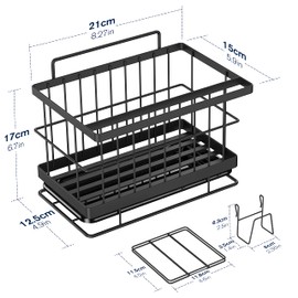 Damita Kitchen Sink Caddy Sponge Holder, Stainless Steel Sponge Holder for Kitchen Sink, Soap Organiser, Sink Caddy Organiser, with Drain Pan for Bathroom Worktops Storage, Black