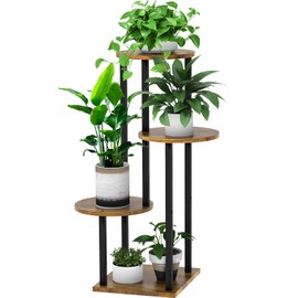 YOCOMEY 4 Tier Wood Tall Plant Stand Metal Rack Indoor, Multiple Flower Pot Holder Shelves Corner Rack, Round Planter Shelf Display Rack Storage Organizer for Patio Living Room Balcony(Black)