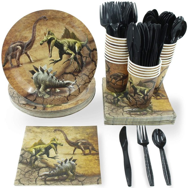 T-Rex Dinosaur Birthday Party Supplies – Serves 24 Jurassic Dino Decorations for Boys, Includes Paper Plates, Napkin, Cups, Cutlery