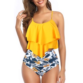 Traje de baño tankini para mujer, con volantes, parte superior sin mangas, con control de abdomen, floral, modesto, bikini de cintura alta, trajes de baño de dos piezas, Flor Amarilla, XXL