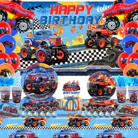 KEFAN Monster Truck Birthday Party Supplies, Monster Truck Party Decorations Set including Backdrop, Plates, Cups, Napkins, Tablecloth, Balloons for Children birthday Party (Background)