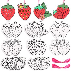 Motipuns 32 Set Strawberry Cutouts Crafts Kit with Ribbons, Color Your Own Strawberry Set Coloring Unfinished Ornaments for Birthday Party Favors Baby Shower Decorations