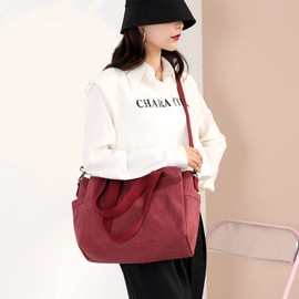 DOURR Hobo Handbags Canvas Crossbody Bags for Women, Multi Compartment Large Tote Purse for Work Travel (Burgundy)