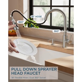 dearocean Kitchen Faucet with Soap Dispenser, Brushed Nickel High Arc Stainless Steel Modern Sink Faucet with Pull Down Sprayer, Deck Plate for 1 or 3 Hole Sinks for RV Bar Laundry Farmhouse