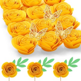 Mverse Yellow Roses Artificial Flowers, Paper Flowers Decoration for Cupcake Toppers, Birthday Party, Baby Shower, Party Supplies, Paper Flower, Cupcake Décor (18 Pieces,Cadmium Yellow)