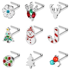 BodyAce 20G Christmas Nose Rings, Stainless Steel Nose Studs l Shaped Nostril Ring, Corkscrew Nose Piercing Christmas Jewellery for Women Men [A:L-Shaped]