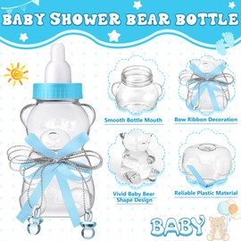48 Pcs 4.7 Inches Baby Shower Bear Bottles Bulk Mini Clear Milk Plastic Bear Candy Bottles with Ribbon Artificial Roses for Baby Shower Favor Gift Newborn Party Decor(Blue)