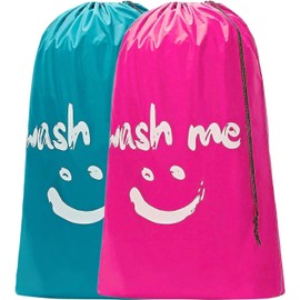 2PCS Travel Laundry Bag, 24" x 36" Large Laundry Bags, Portable Waterproof Dirty Clothes Bags, with Drawstring, Durable Rip-Stop, for Home, Travel, Holiday, Camping, Caravan, Dormitory(Blue and Pink)