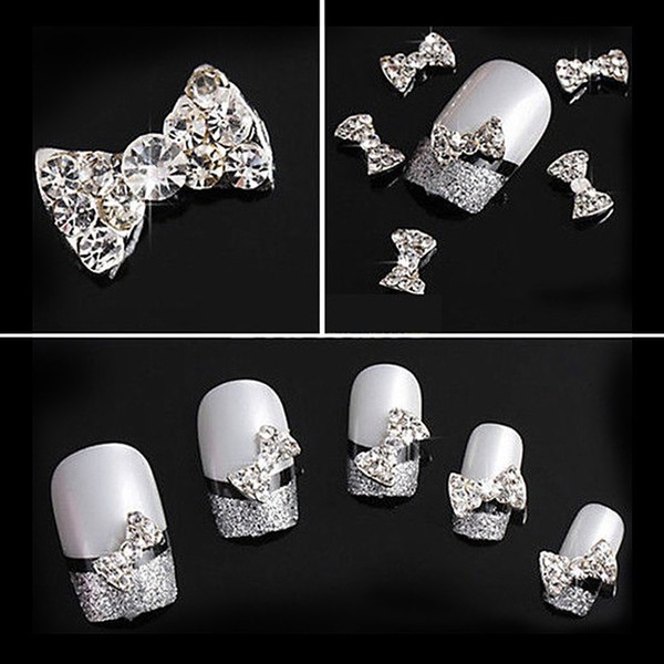 Joyeee 10 Pieces 3D Rhinestone Nail Art Tips White Diamond Bow – Diy Nail Art Sparkling Gems Crystal Diamond Rhinestone Decoration