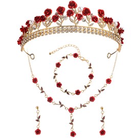 Hicarer 4 Pcs Red and Gold Rose Jewelry Set for Women Bridal Tiara Necklace Bracelet Earring Rhinestone Crown Headband Flower Aesthetic Jewelry for Princess Prom Pageant Birthday Wedding Gift