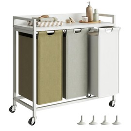 Herture Laundry Hampers with Shelf, Laundry Basket 3 Section, Laundry Sorter with Pull-Out Removable Large 3 Color Bags and Movable Wheels, Metal Frame, 3 x 15.87 Gallons (60L), White PF04XLE