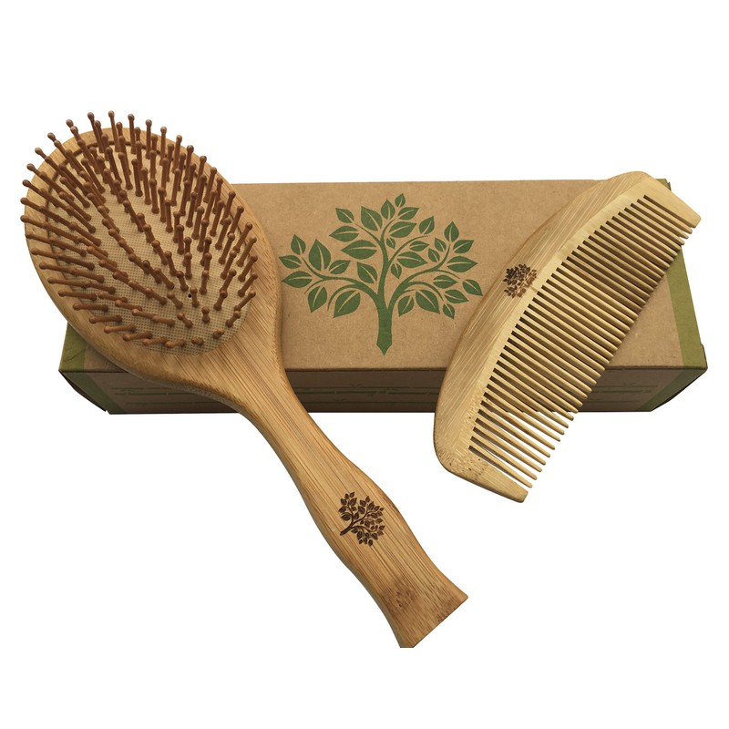 Bamboo hair brush and comb made of bamboo, set of