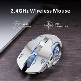 Uciefy Q85 Rechargeable Wireless Gaming Mouse, 2.4G LED Optical Silent Wireless Computer Mouse with 4 LED Light, 3 Adjustable DPI, Ergonomic Design, Auto Sleeping (Silver)