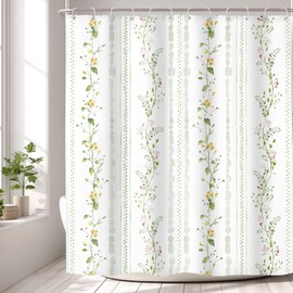 Riyidecor Spring Green Shower Curtain Rustic Sage Leaves Light Green Summer Botanical Plant Floral Flower Watercolor Country Pretty 72Wx72H Inch Girly Women Decor Bathroom Waterproof with 12 Hooks