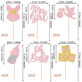 30 piezas para baby shower de Oh Baby cupcake Toppers It's a Girl con lazo con purpurina, para regalo de género, suministros para fiestas de cumpleaños, color rosa claro