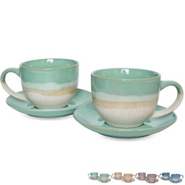 Bosmarlin Ceramic Cappuccino Cup and Saucer Set of 2, 10 Oz, Coffee Cups for Latte, Espresso, Tea, Dishwasher and Microwave Safe (Mint Green)