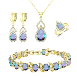 LMXXVJ Fashion India Women's Jewelry Sets，Mysterious Fire Rainbow Cubic Zirconia Adjustable Ring Necklace Earrings Bracelet Gold Plated Set，Gemstone Jewelry Gifts for Mom/Wife/Sister/Best Friend