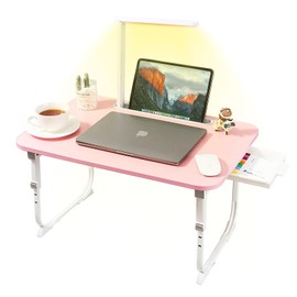 Laptop Desk for Bed Lap Desk with LED Desk Light, Adjustable Tablet Bed Table with Foldable Legs Storage Drawer, Breakfast Serving Tray Folding Laptop Stand Reading Holder for Sofa Couch Floor (Pink)