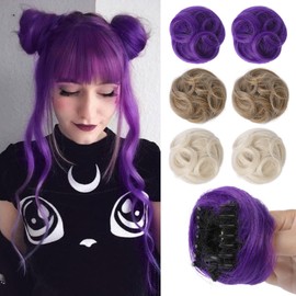 REECHO 2 PCS Mini Claw Clip in Messy & Cat Ears Hair Bun Extensions HB001 Wig Accessory Updo Hairpieces for Women Girls (Pack of 2-3.5" Wavy, Dark Purple)