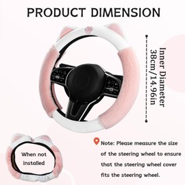 Car Steering Wheel Cover, Kitty Cat Ears Cute Steering Wheel Protector, Fluffy Soft Fuzzy for Winter Warm, Universal 15 Inch Steering Wheel Cover, Cute Car Accessories for Women (Pink)