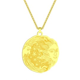 Chengxun Mens Sun Moon Pendant Necklace for Men Women Stainless Steel Unisex Protection Guardian Locket Occult Jewelry Talisman Amulets Gifts, Stainless Steel, No Gemstone