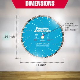 Virginia Abrasives 425-07388 - 1pc 14" UV Multi-Purpose High-Speed Diamond Blade - Wet/Dry Asphalt/Concrete Cutter - Stihl Gas Saws, Bosch Ceramic Discs - 14" x .125" x 1"/20mm - 10mm Segments