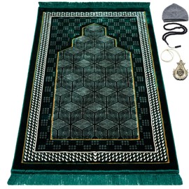 Modefa Turkish Islamic Velvet Prayer Rug - Thick & Wide Soft Carpet for Men & Women - Double Plush Large Janamaz - Eid & Ramadan Gift - with Kufi, Beads & Car Hanger - Geometric Noor (Green)