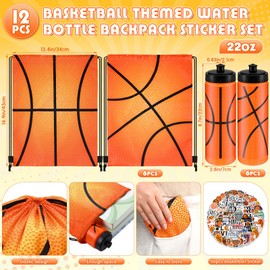 12 Pcs Basketball Water Bottles Basketball Drawstring Bag Set with 50 Sticker Basketball Party Favors 6 Reusable Sports Squeeze Water Bottle 20oz 6 Basketball Goodie Gift Bag for Basketball Team Gifts