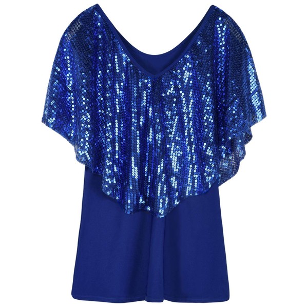 PrettyGuide Blusa tipo túnica para mujer, con lentejuelas y hombros descubiertos, con purpurina, para fiesta de cóctel, Azul / Patchwork, XXL
