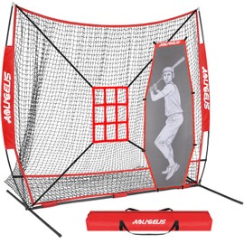 AOLIGEIJS 7'X7' Baseball Softball Practice Net,Pitching Net,Batting Net,with Large Ball Collection System,Baseball Pitching Kit - Batter Dummy,Bonus Strike Zone (Red Net+Batter Dummy)
